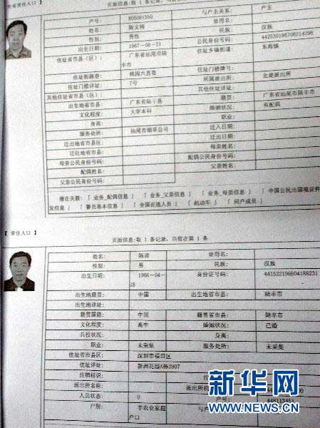 這是廣東省汕尾市煙草局長陳文鑄兩個戶口的詳細資料（1月21日攝）。新華社記者 劉大江 攝