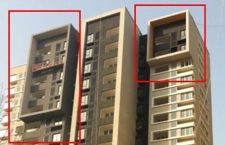 紅圈處為萬科城住宅設(shè)計的凸出建筑“方框”墻，擋住了多處住房的光線