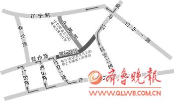 青島登州路禁行路段調(diào)流示意圖。