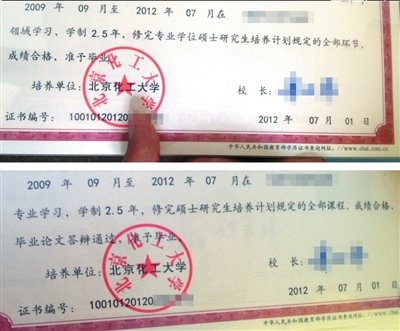 錯(cuò)誤的畢業(yè)證（上圖）寫著“修完專業(yè)學(xué)位……”，表述為專業(yè)學(xué)位碩士。正確的畢業(yè)證（下圖）寫著“修完碩士研究生……”，表述為學(xué)術(shù)學(xué)位碩士。