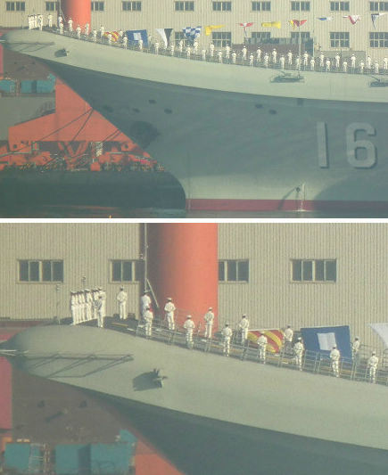 資料圖：大批身著海軍制服的人在甲板上進(jìn)行站坡儀式。