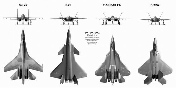 資料圖：殲-20戰(zhàn)機與蘇-27、T-50、F-22A對比圖。
