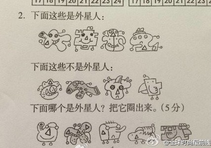 日前，一道被網(wǎng)友們稱為神一樣的數(shù)學(xué)題，在多個(gè)家長QQ群里輪番考驗(yàn)著家長的智商。家長們在做一道“誰是外星人”的題目后，得出的結(jié)論是，出題的人是外星人。